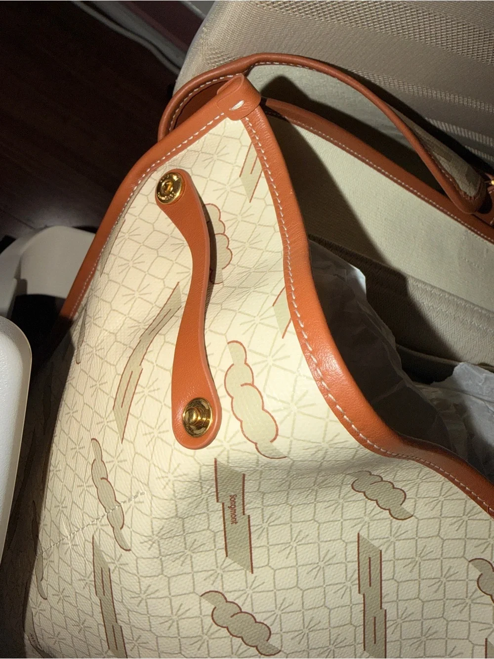Songmont Shan Briefcase (Large) in Cream and Brown Patterned with Gold Accents